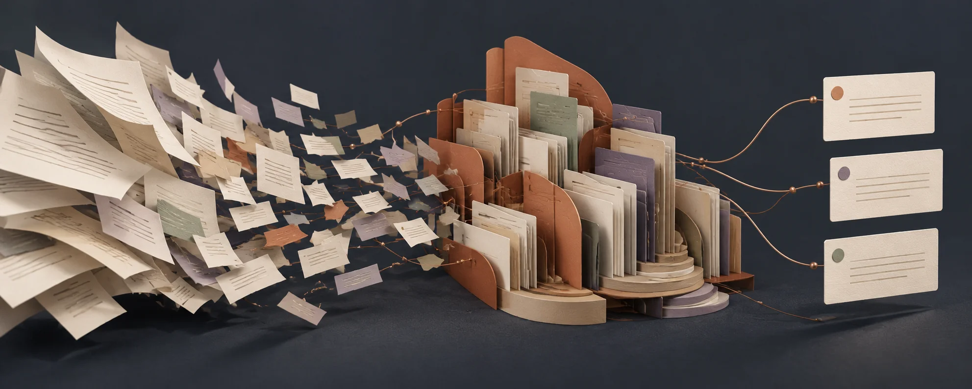Layered paper documents flow into an archive and emerge as selected evidence.